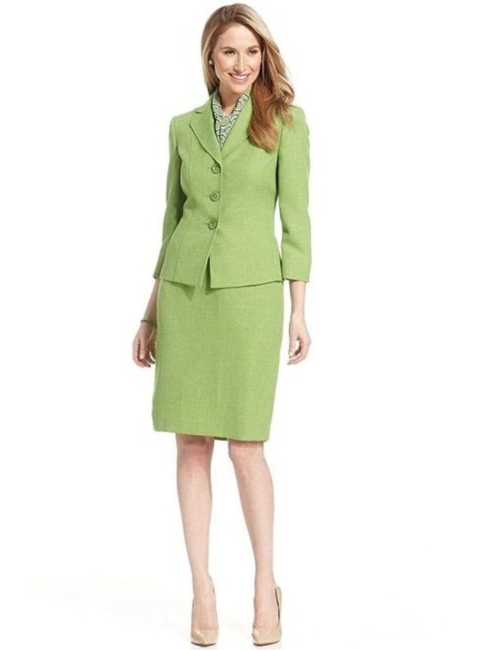 Jones Wear Suit Size 14Petite Two Piece Lime Green Skirt Three Button